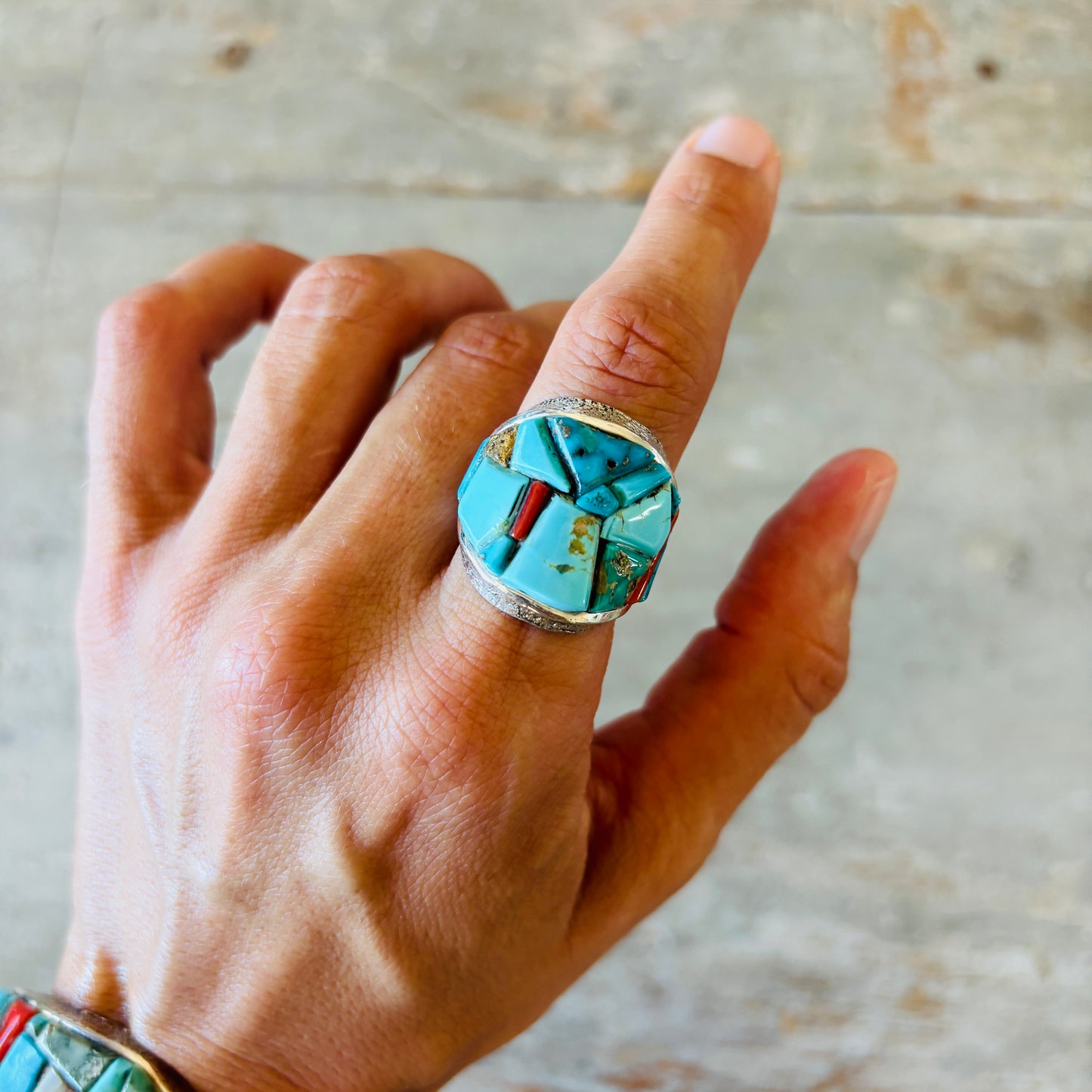 Navajo Lester James Sterling Silver - Red Coral & Multi Turquoise Cobblestone Tufa Cast Ring