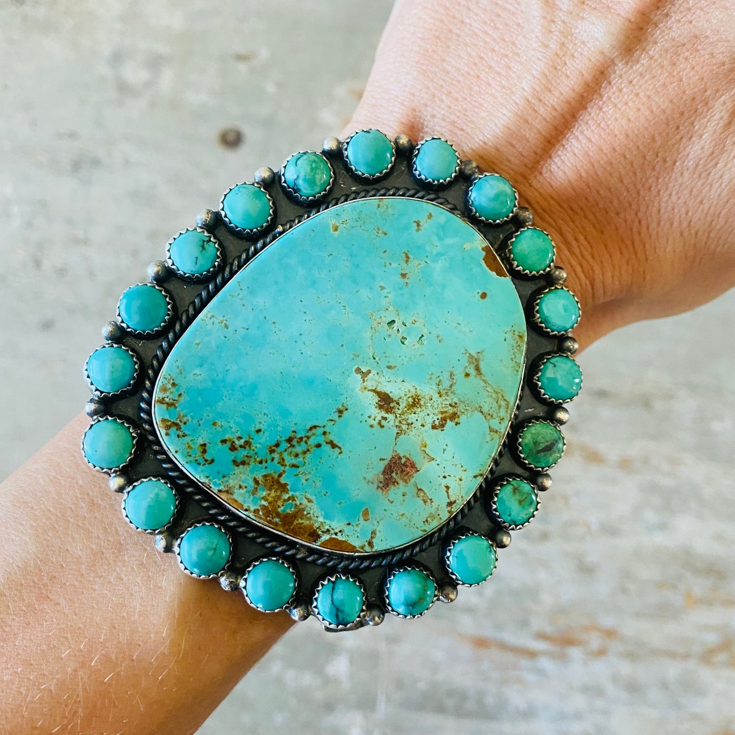 Navajo Kindale Billah Sterling Silver & Kingman Turquoise Cluster Statement Cuff
