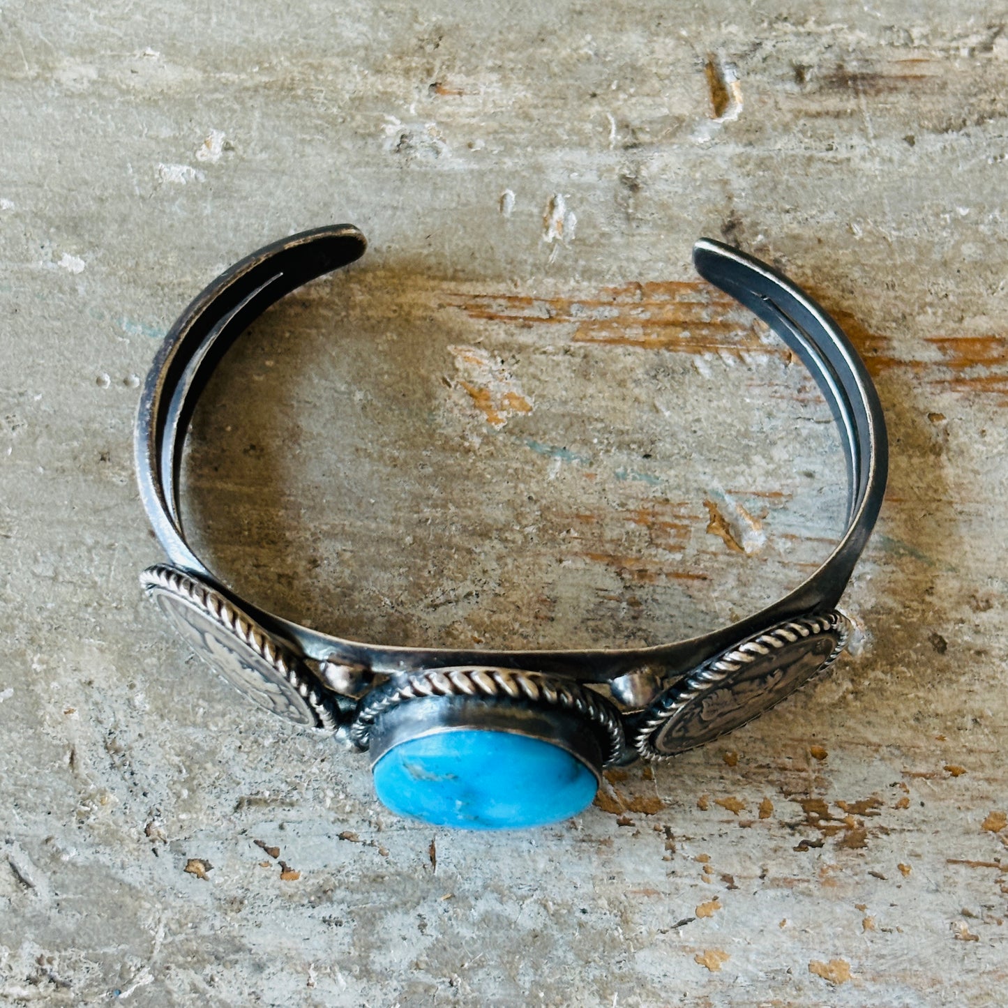 Navajo Signed Sterling Silver & Kingman Turquoise Liberty Coin Cuff