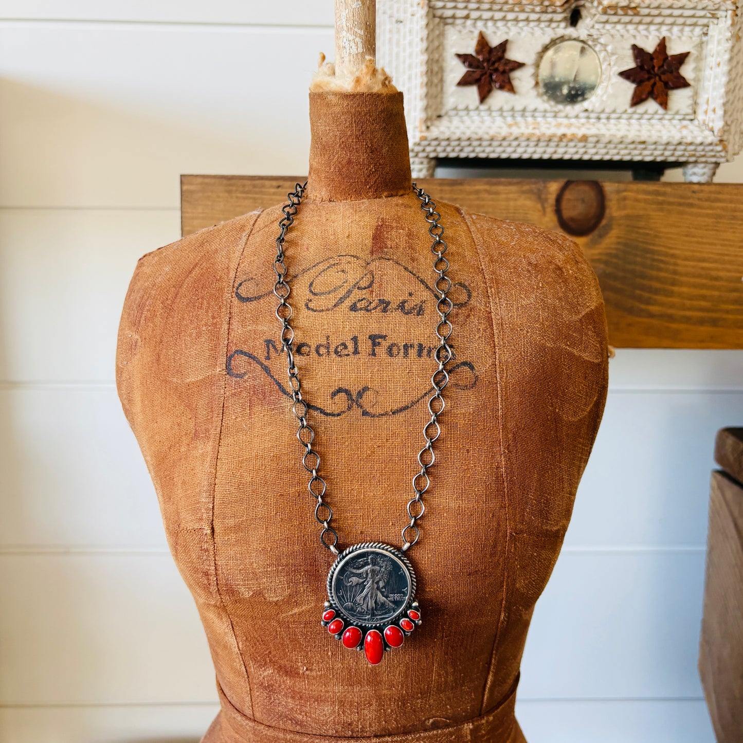Navajo Darrin Livingston Sterling Silver & Red Coral Coin Necklace
