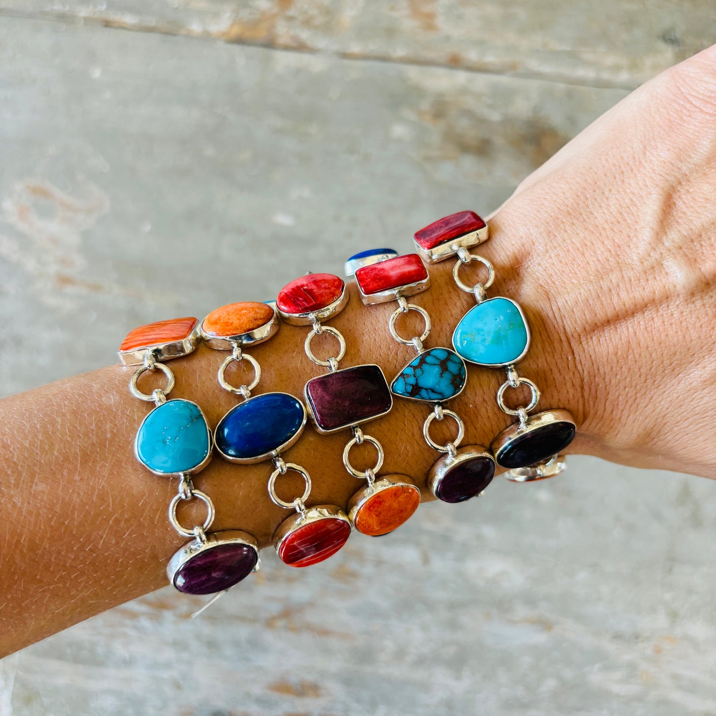 Navajo Mildred Parkhurst Sterling Silver Multi Stone Paper Clip Chain Bracelets