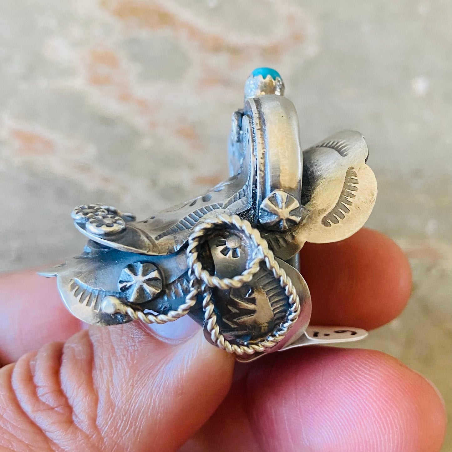 Navajo Tim Yazzie Sterling Silver & Kingman Turquoise Saddle Ring