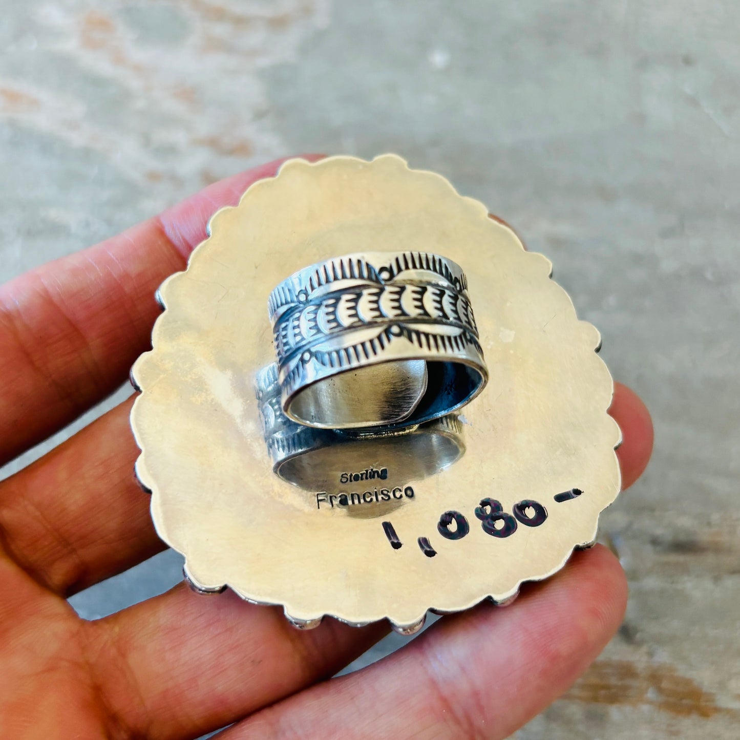Navajo Dustin Francisco Sterling Silver - Orange Spiny Oyster & Royston Turquoise Cluster Ring