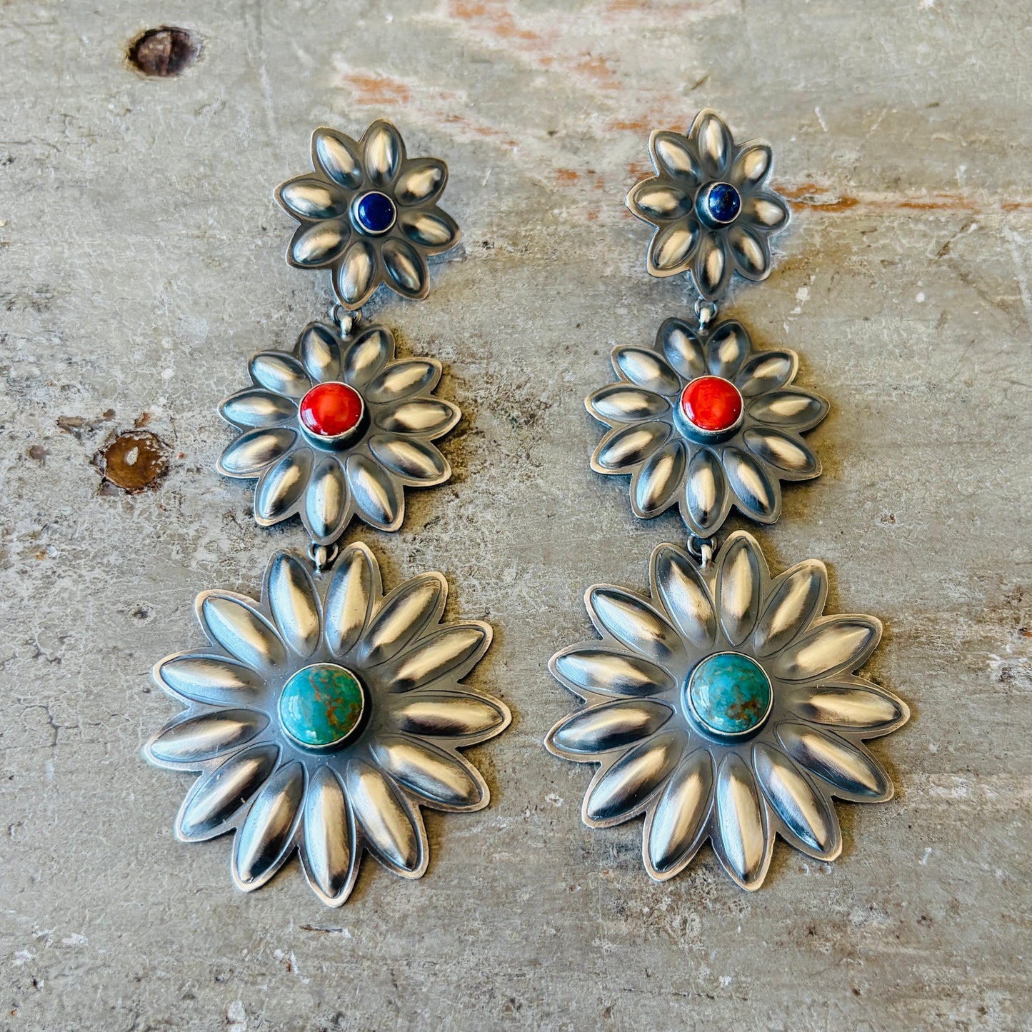 Navajo Robert Johnson Sterling Silver - Lapis - Red Spiny & Kingman Turquoise Floral Concho Earrings