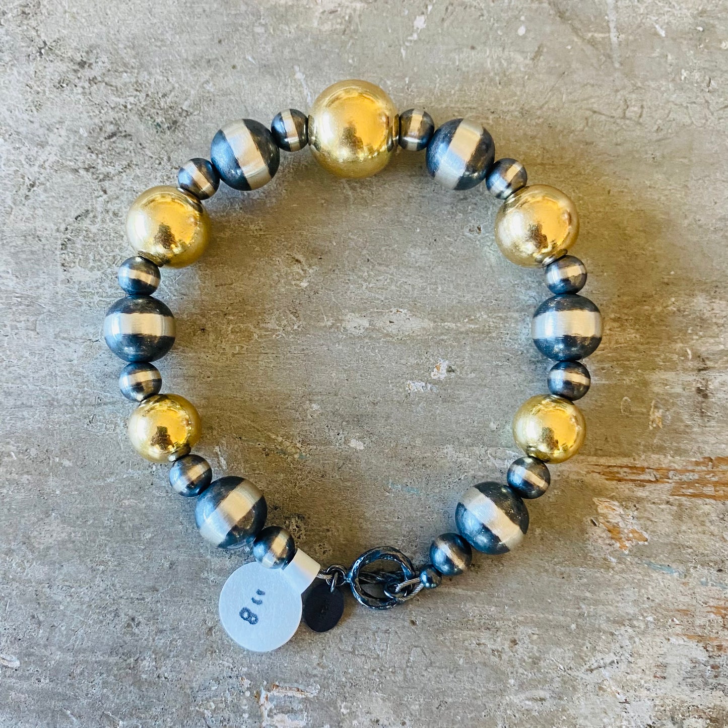 Native Strung Sterling Silver & 18k Gold Plated Machine Made Pearls Graduated Toggle Bracelet