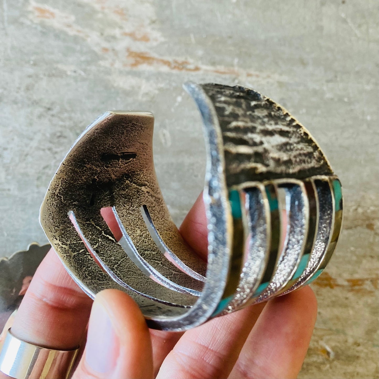 Navajo Lester James Sterling Silver - Turquoise & Sandstone Inlay Tufa Cast Cuff