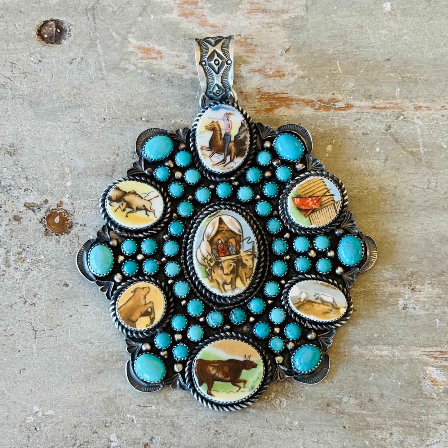 Navajo Kindale Billah Sterling Silver & Campitos Turquoise Western Pendant
