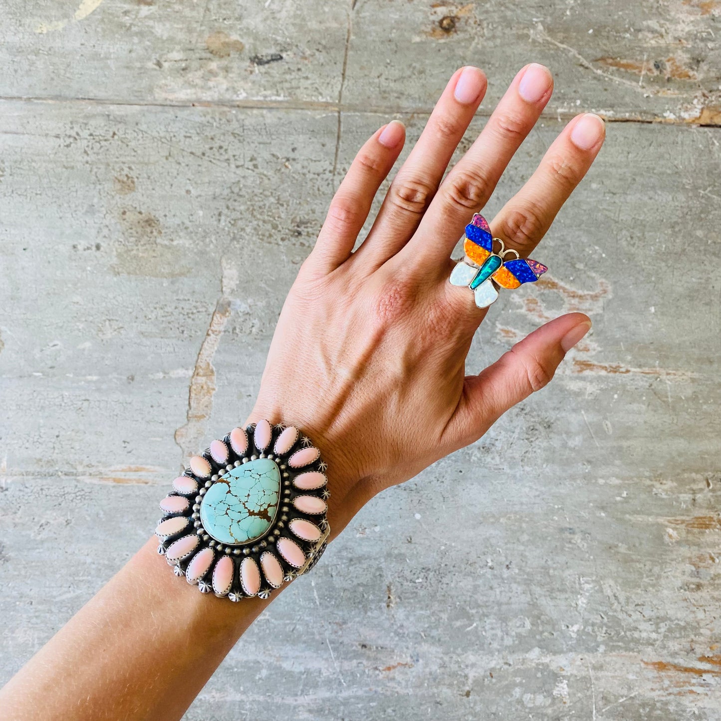 Navajo Steeve Francisco Sterling Silver & Lab Opal Multicolor Butterfly Ring