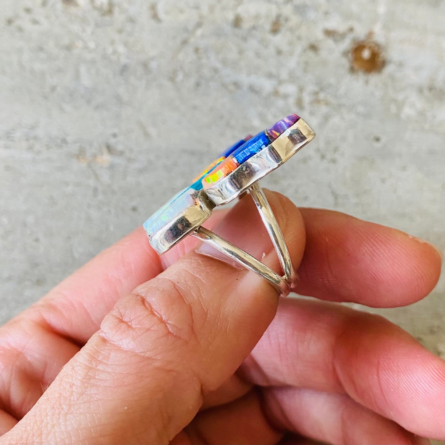 Navajo Steeve Francisco Sterling Silver & Lab Opal Multicolor Butterfly Ring