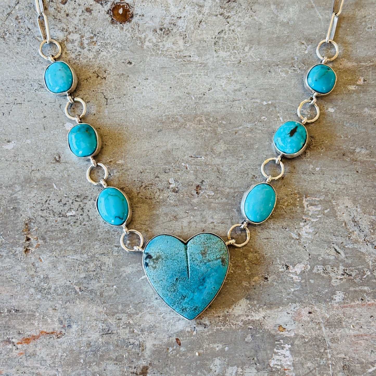 Navajo Mildred Parkhurst Sterling Silver - Ceremonial Kingman - Blue Ridge Turquoise Heart Necklace