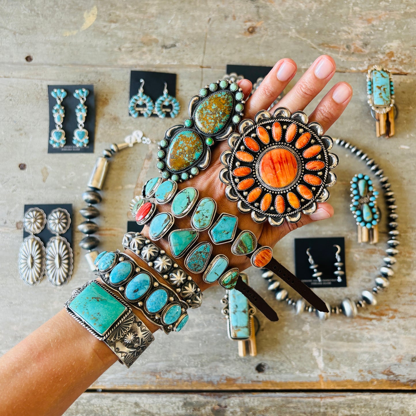 Navajo Signed Sterling Silver & Kingman Turquoise Concho Earrings