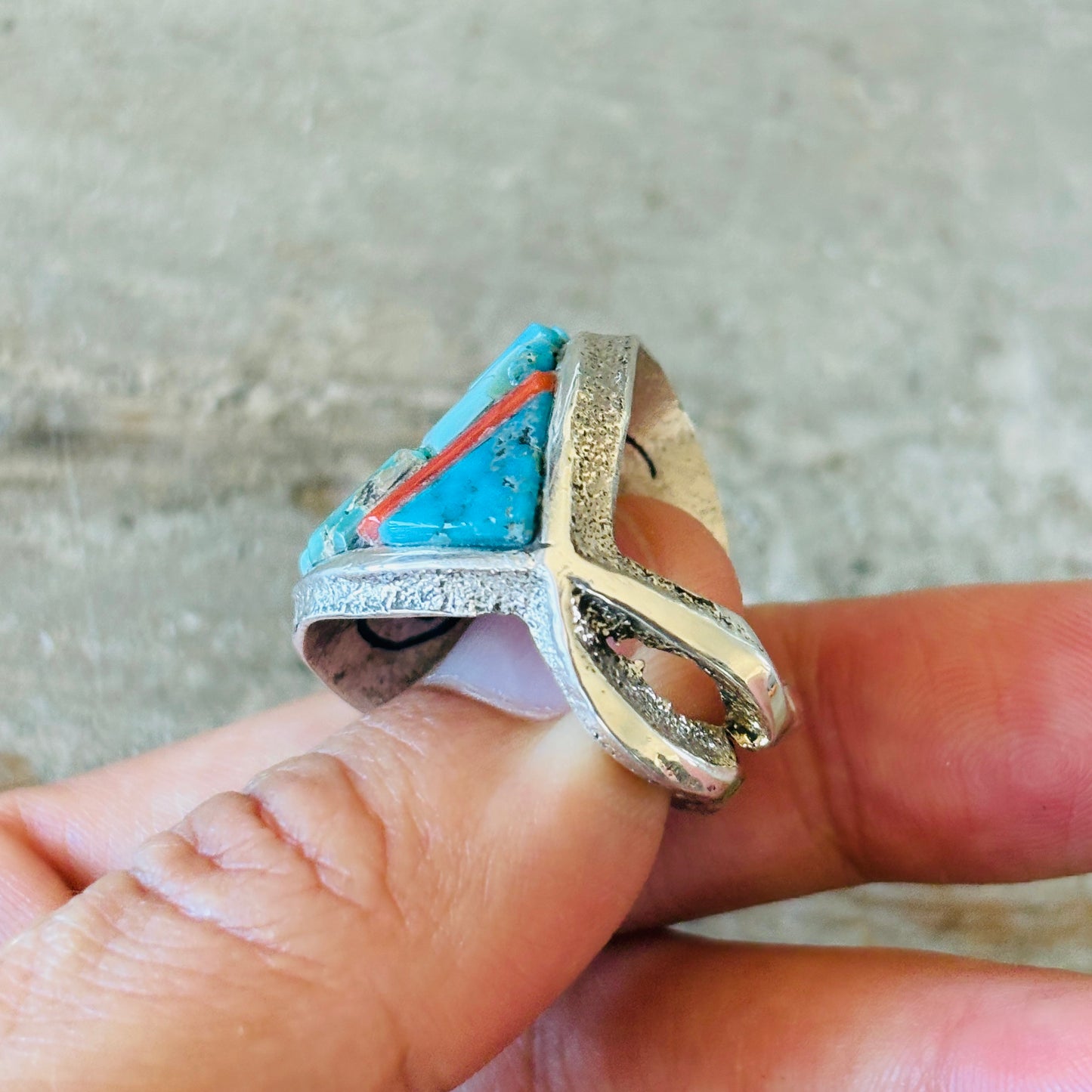 Navajo Lester James Sterling Silver - Red Coral & Multi Turquoise Cobblestone Tufa Cast Ring