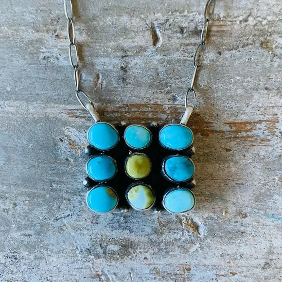 Navajo Robert Begay Sterling Silver & Kingman Turquoise Cluster Necklace
