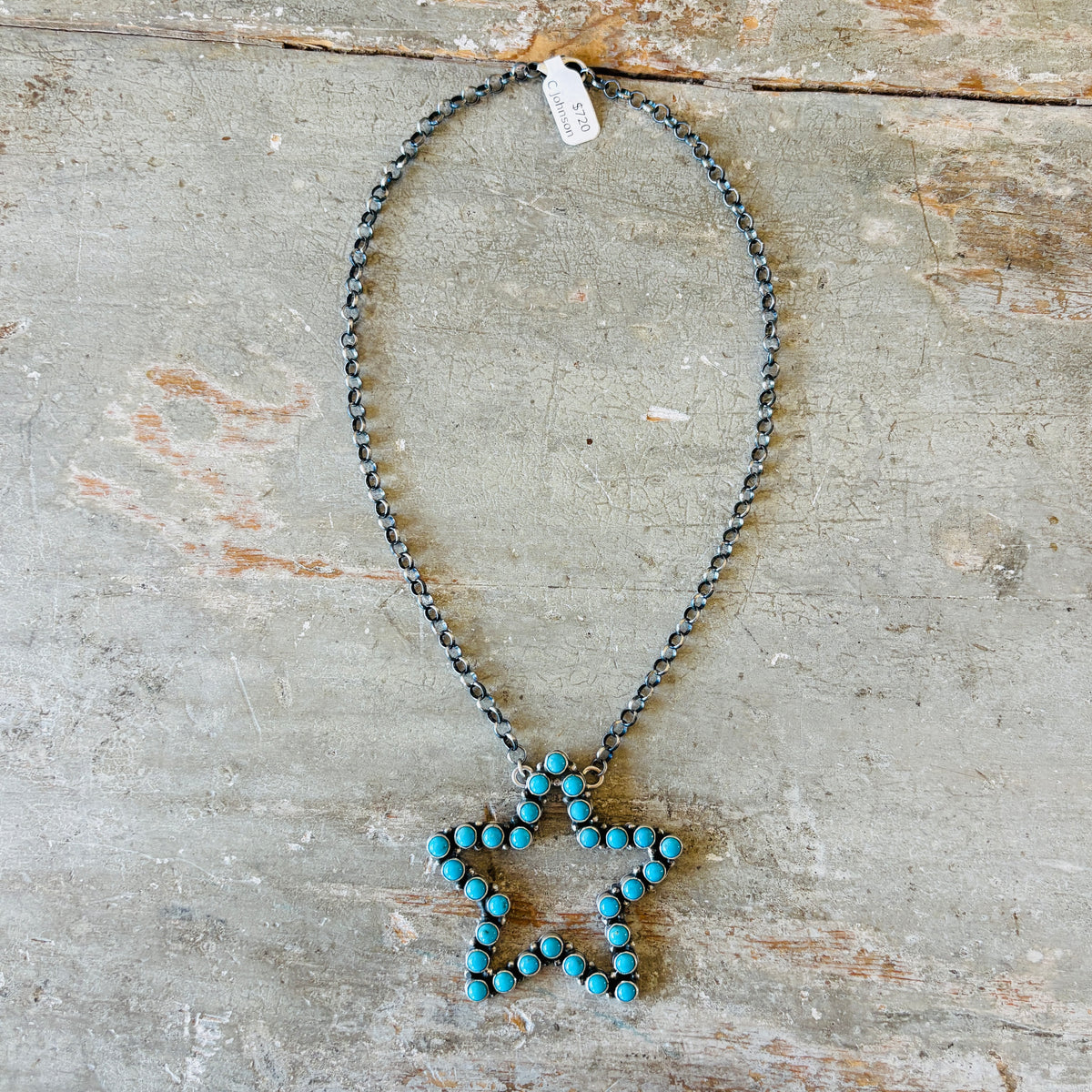 Navajo Charles Johnson Sterling Silver & Kingman Turquoise Star Cluster Bar Necklace