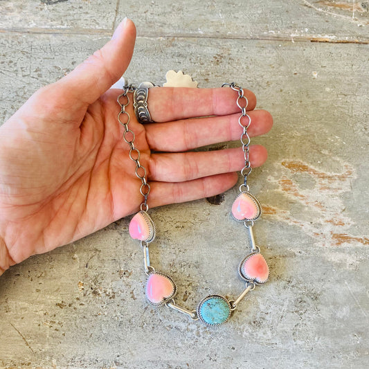 Navajo Tia Long Sterling Silver Pink Conch & Prince Turquoise Heart Choker