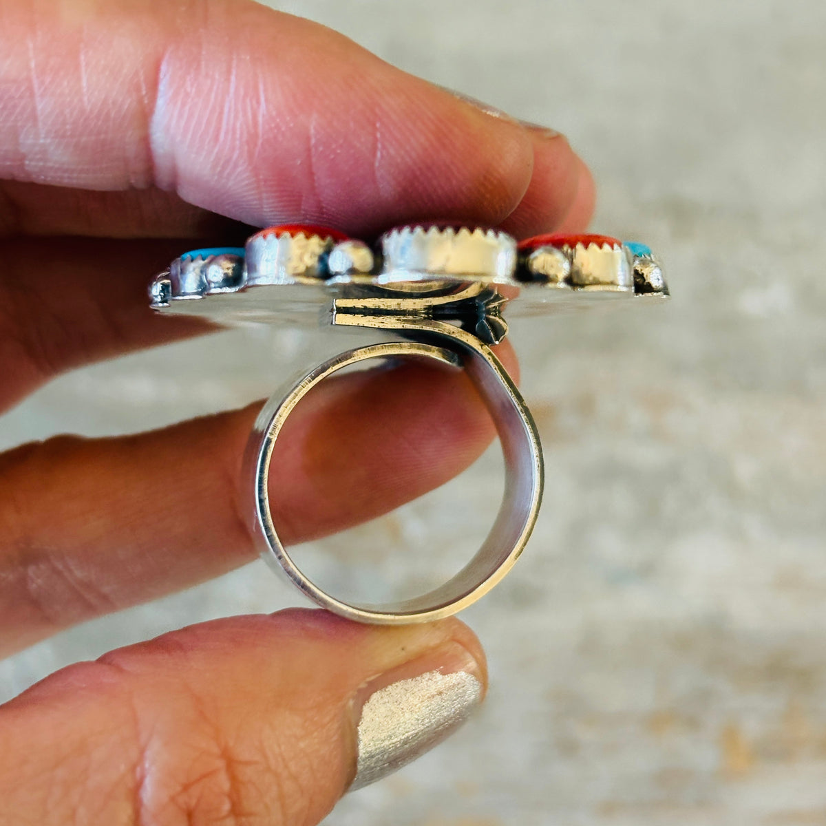 Navajo Hemerson Brown Sterling Silver - Multi Stone Cluster Statement Ring