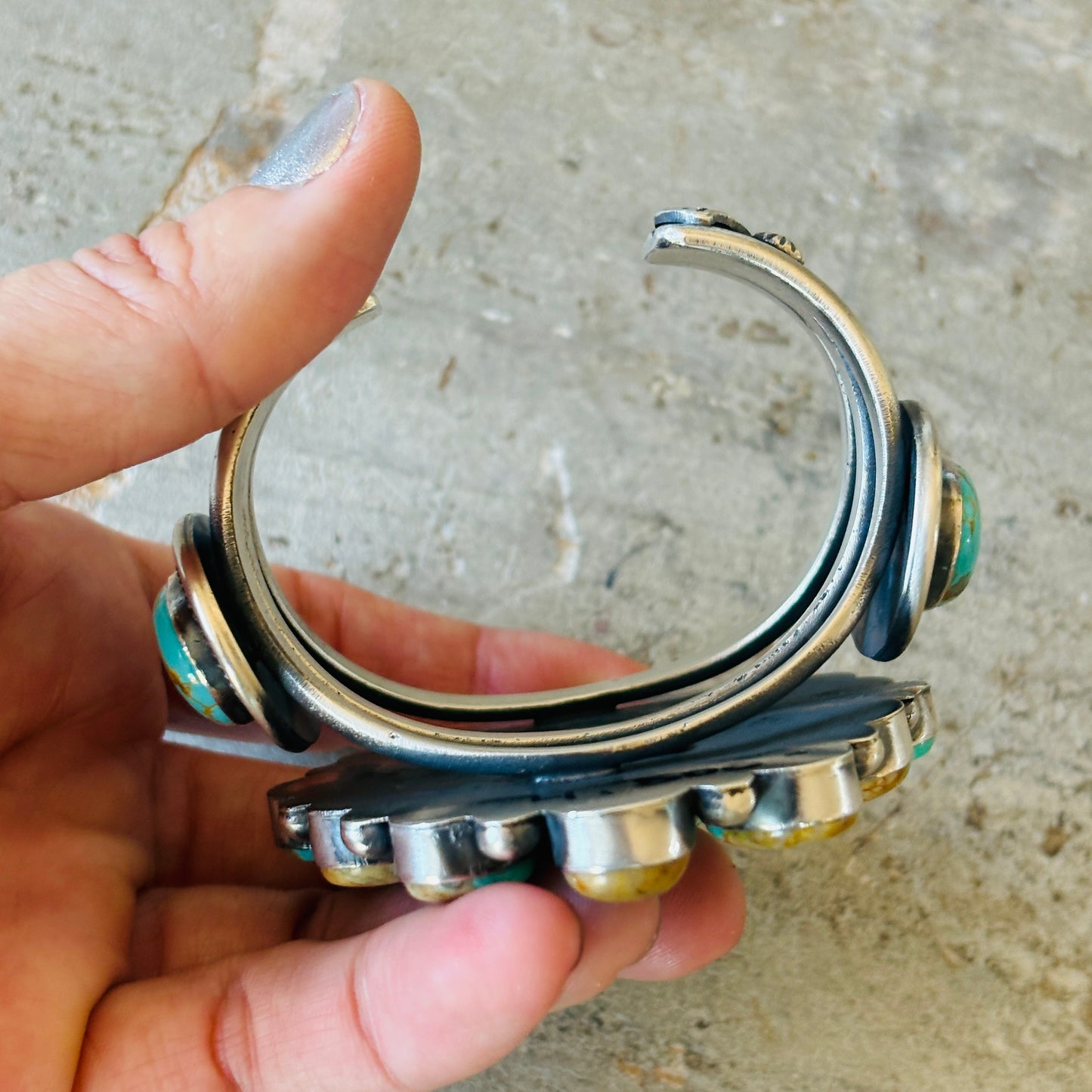 Navajo Hemerson Brown Sterling Silver & Royston Turquoise Cluster Statement Cuff