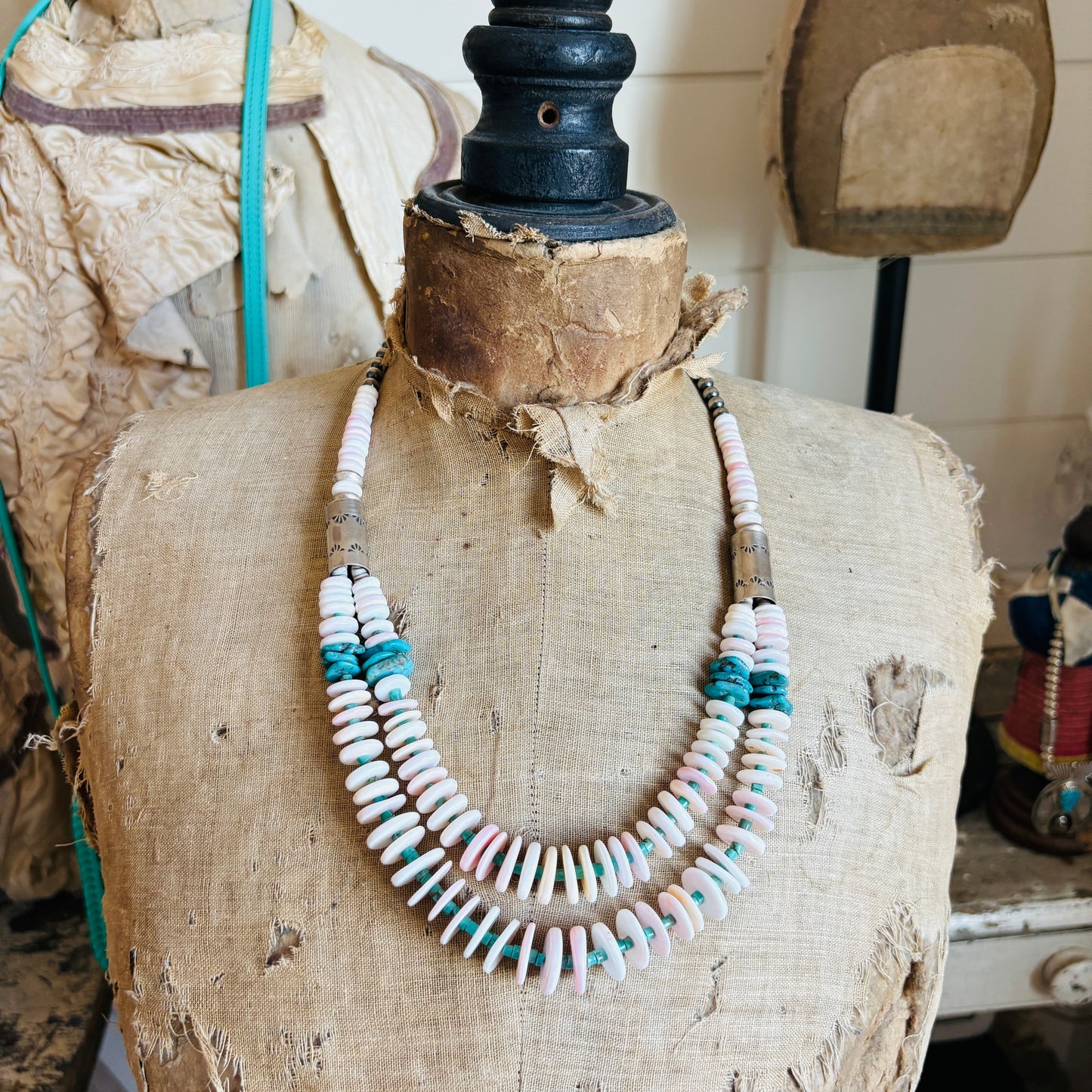 Navajo Charlene Little Sterling Silver - Pink Conch & Kingman Turquoise Statement Necklace