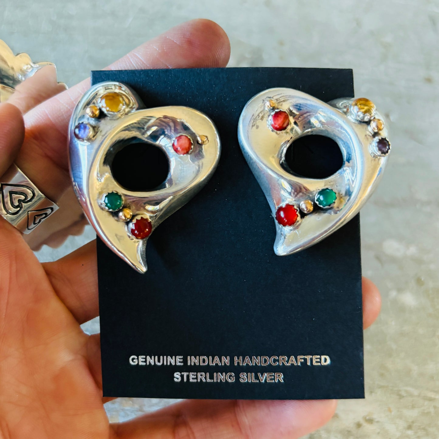 Navajo Herman Wilson (Caster) & Rena Secatero Sterling Silver & Multi Stone Heart Earrings