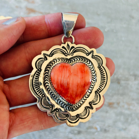 Navajo Arnold Blackgoat Sterling Silver & Red Spiny Oyster Heart Pendant