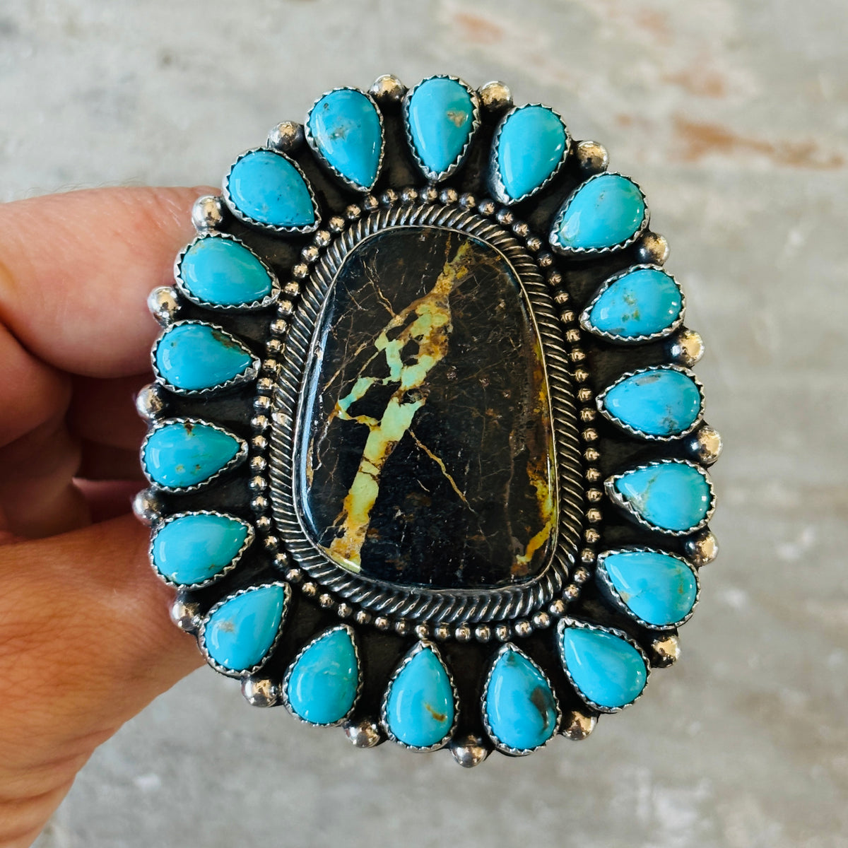 Navajo Hemerson Brown Sterling Silver & Blackjack - Kingman Turquoise Cluster Ring