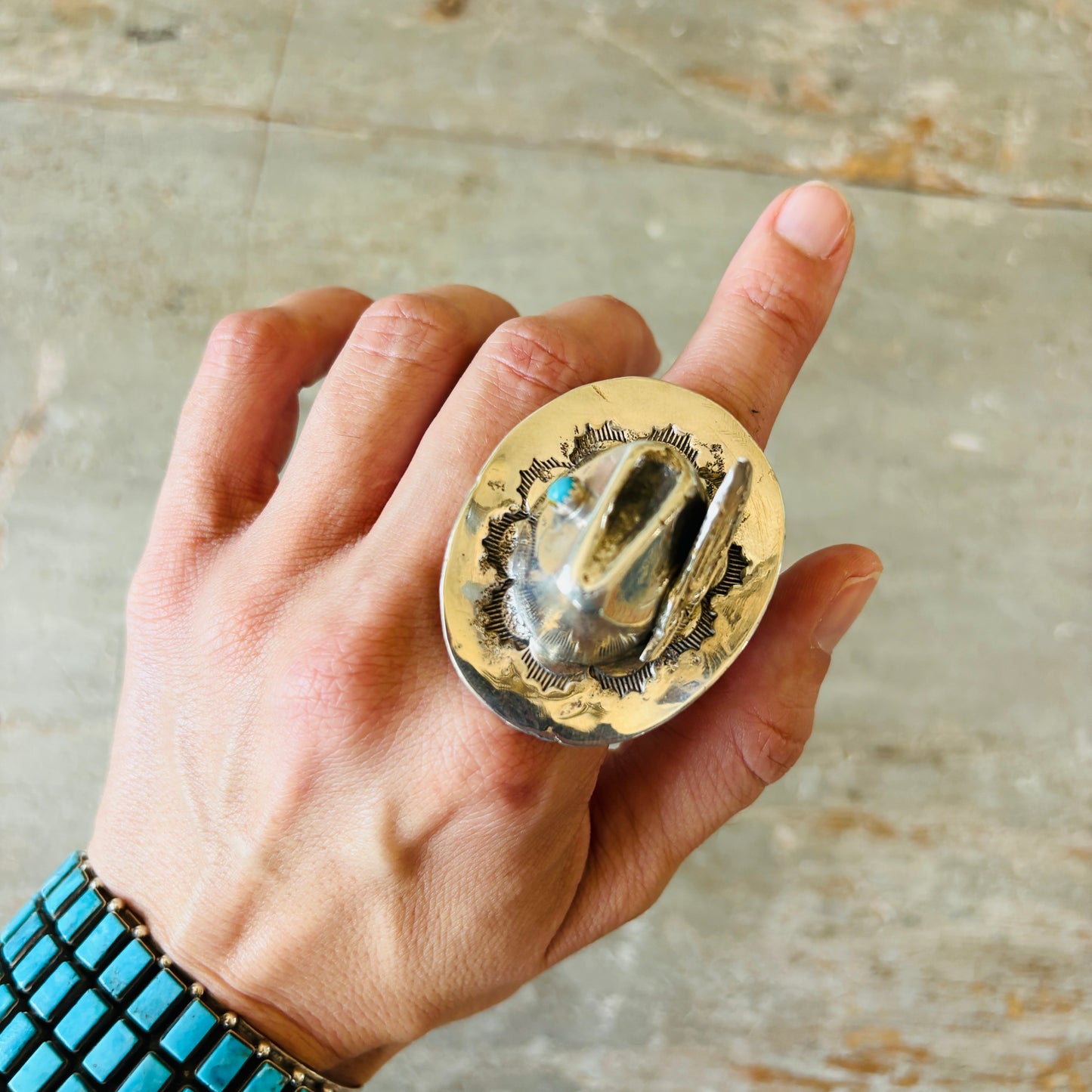 Navajo Robbie Manuelito Sterling Silver & Kingman Turquoise Cowboy Hat Ring