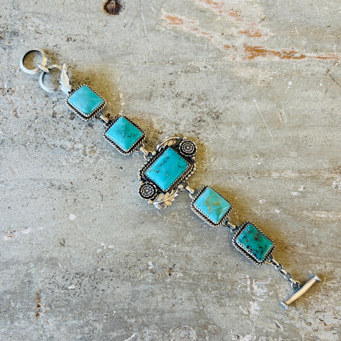 Navajo Brenda Jimenez Sterling Silver & Kingman Turquoise Floral Toggle Bracelet