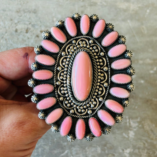 Navajo Hemerson Brown Sterling Silver & Pink Conch Cluster Statement Ring