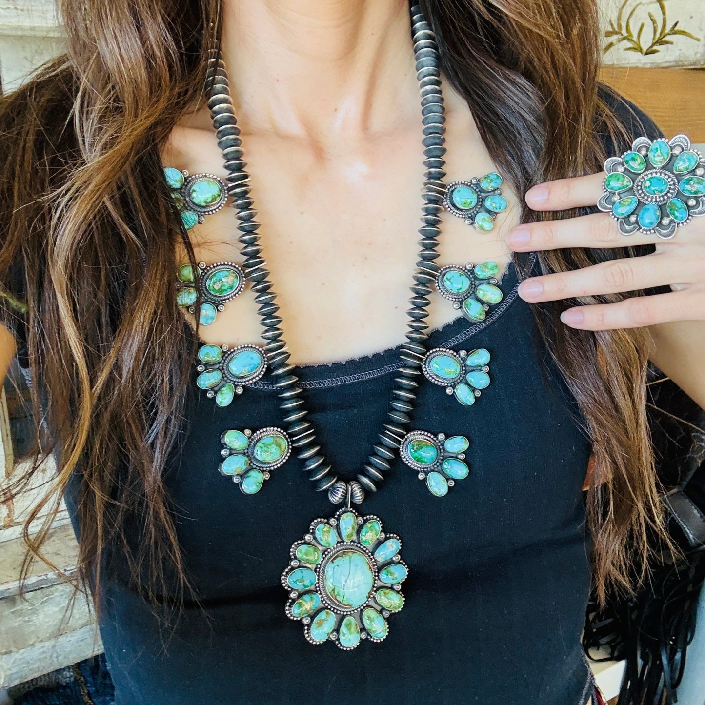 Navajo Hemerson Brown Sterling Silver & Sonoran Turquoise Handmade Saucer Pearls Statement Necklace