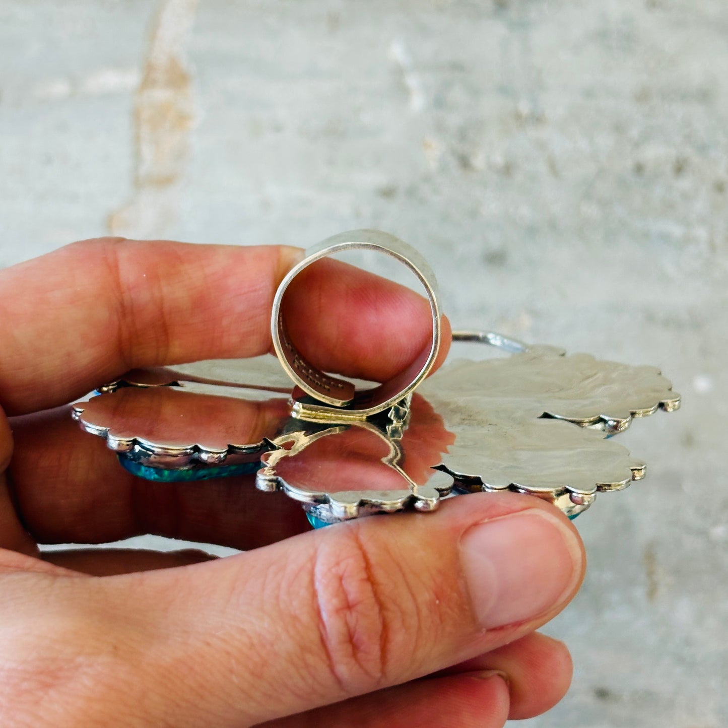 Navajo Hemerson Brown Sterling Silver - Blue Lab Opal & Orange Spiny Dragonfly Ring