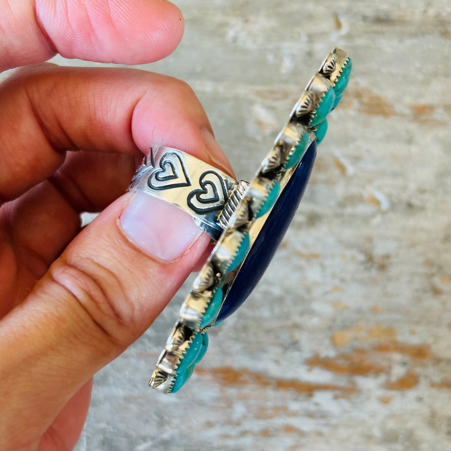 Navajo Hemerson Brown Sterling Silver & Kingman Turquoise Hearts Cluster Ring