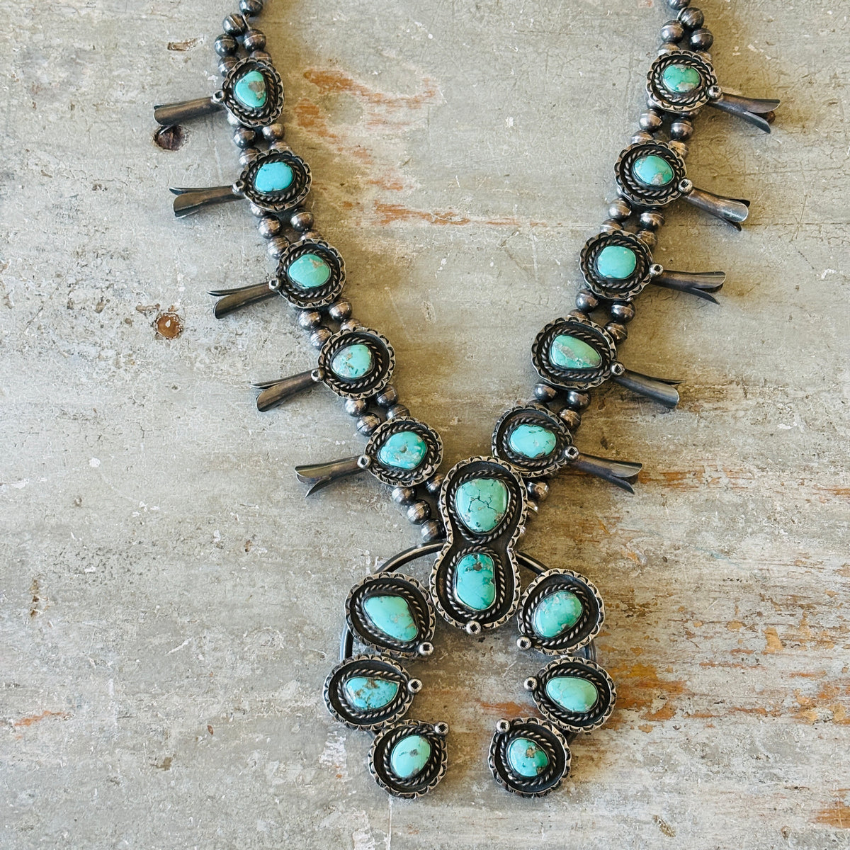 Vintage 1960s Navajo Sterling Silver & Turquoise Squash Blossom Necklace