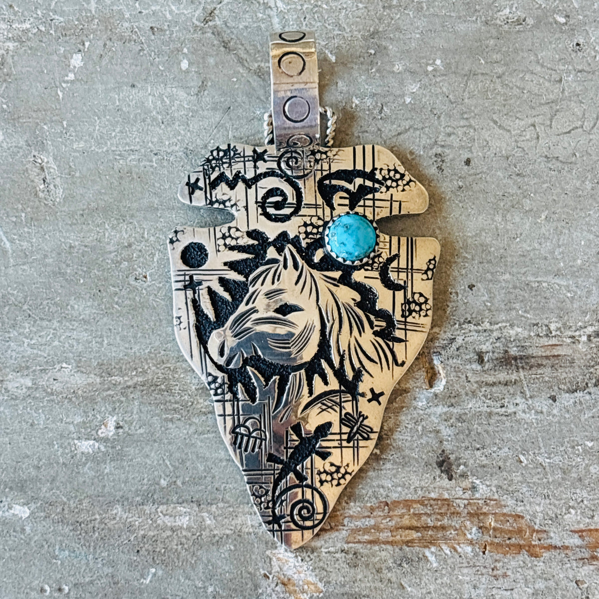 Navajo Richard Singer Sterling Silver & Kingman Turquoise Arrowhead Horse Overlay Pendant