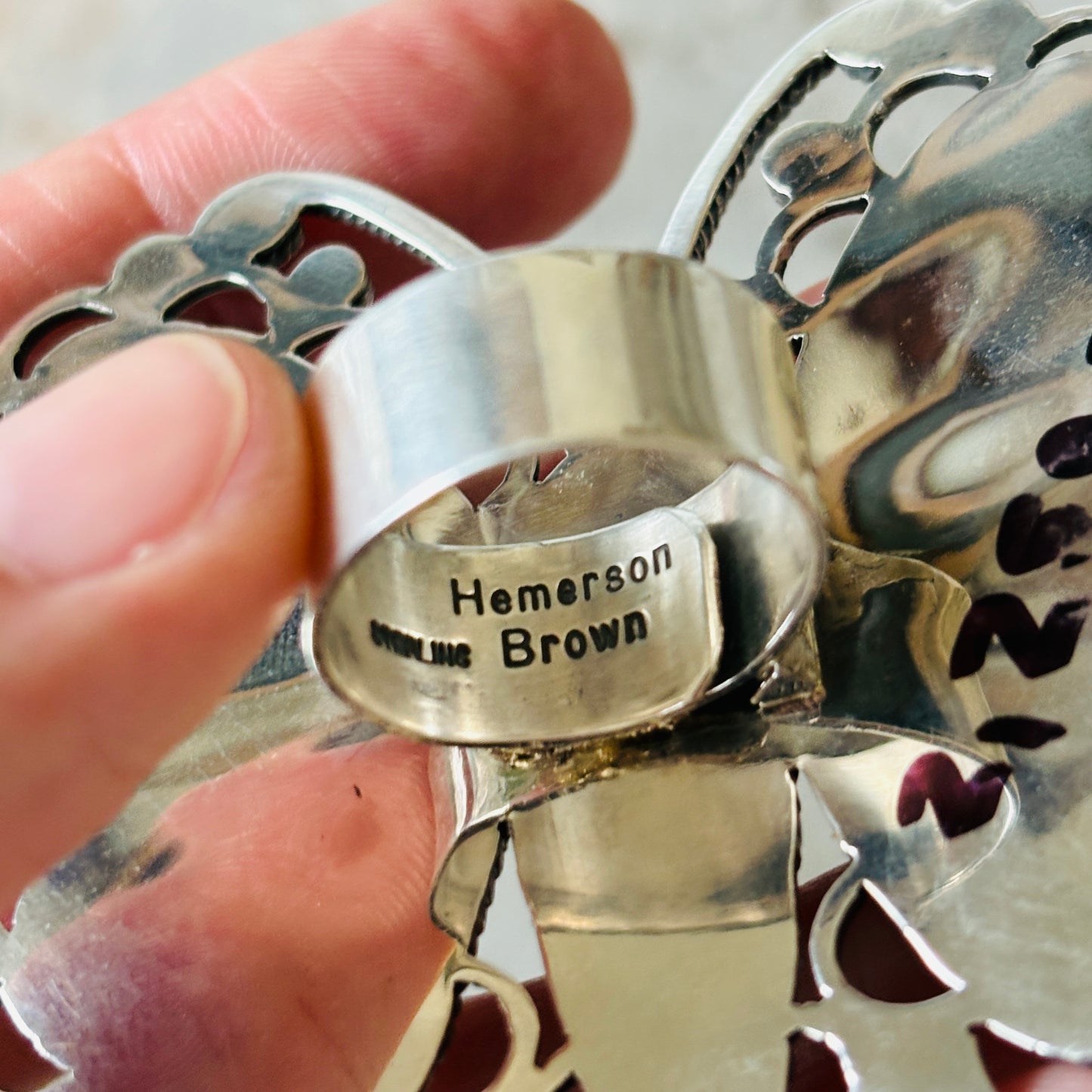 Navajo Hemerson Brown Sterling Silver - Orange Spiny & Sleeping Beauty Turquoise Butterfly Ring