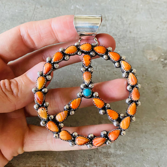 Navajo Lorenzo Jerilyn Chee Sterling Silver - Orange Spiny Oyster & Turquoise Peace Sign Pendant