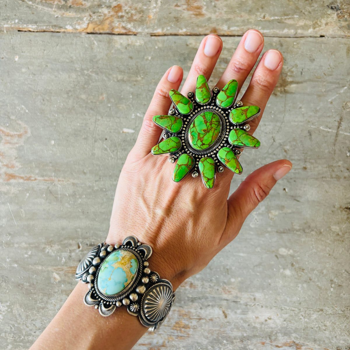 Navajo Hemerson Brown Sterling Silver & Green Mojave Cluster Ring