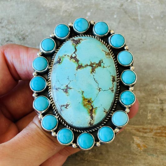 Navajo Geraldine James Sterling Silver - Kingman & Sonoran Gold Turquoise Cluster Ring