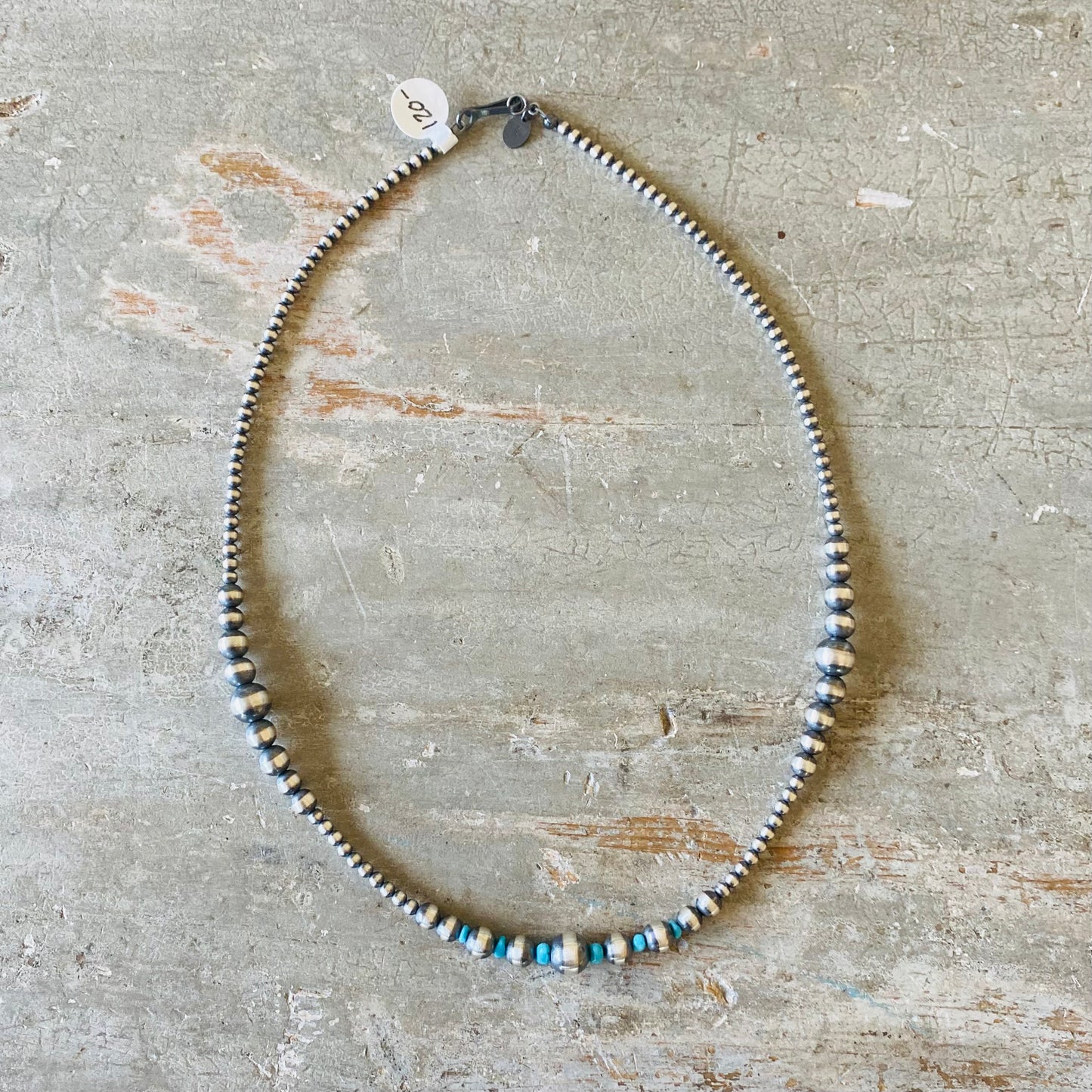 Native Strung Sterling Silver & Turquoise Machine Made Graduated Pearls Necklace