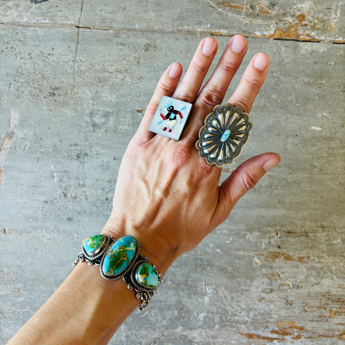 Navajo Hemerson Brown Sterling Silver & Sonoran Turquoise Three Stone Statement Cuff