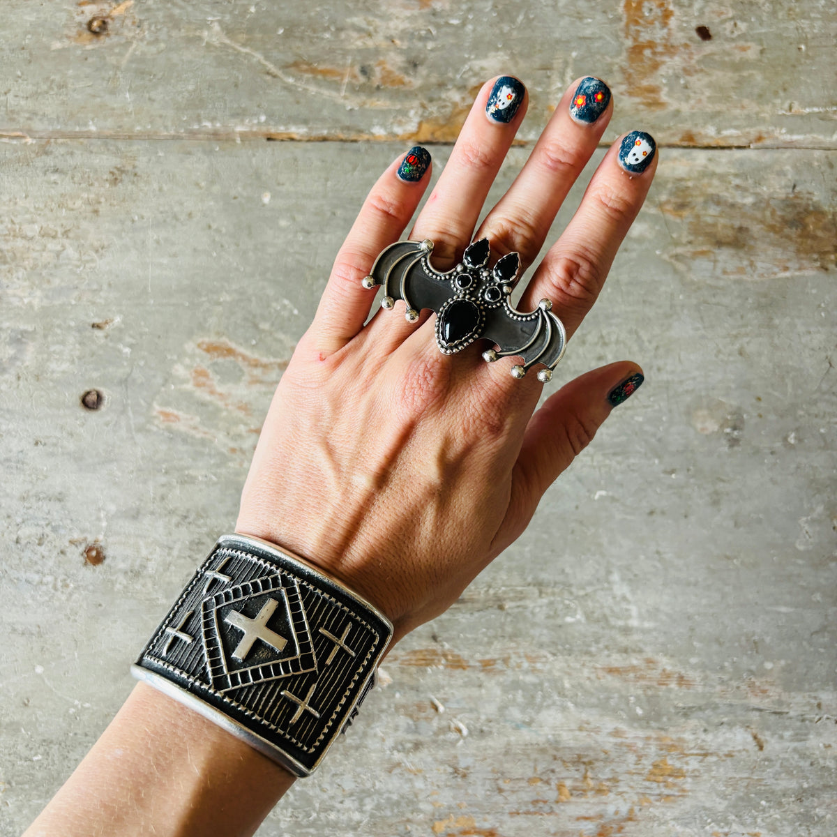 Navajo Readda Begay Sterling Silver & Black Onyx Bat Ring