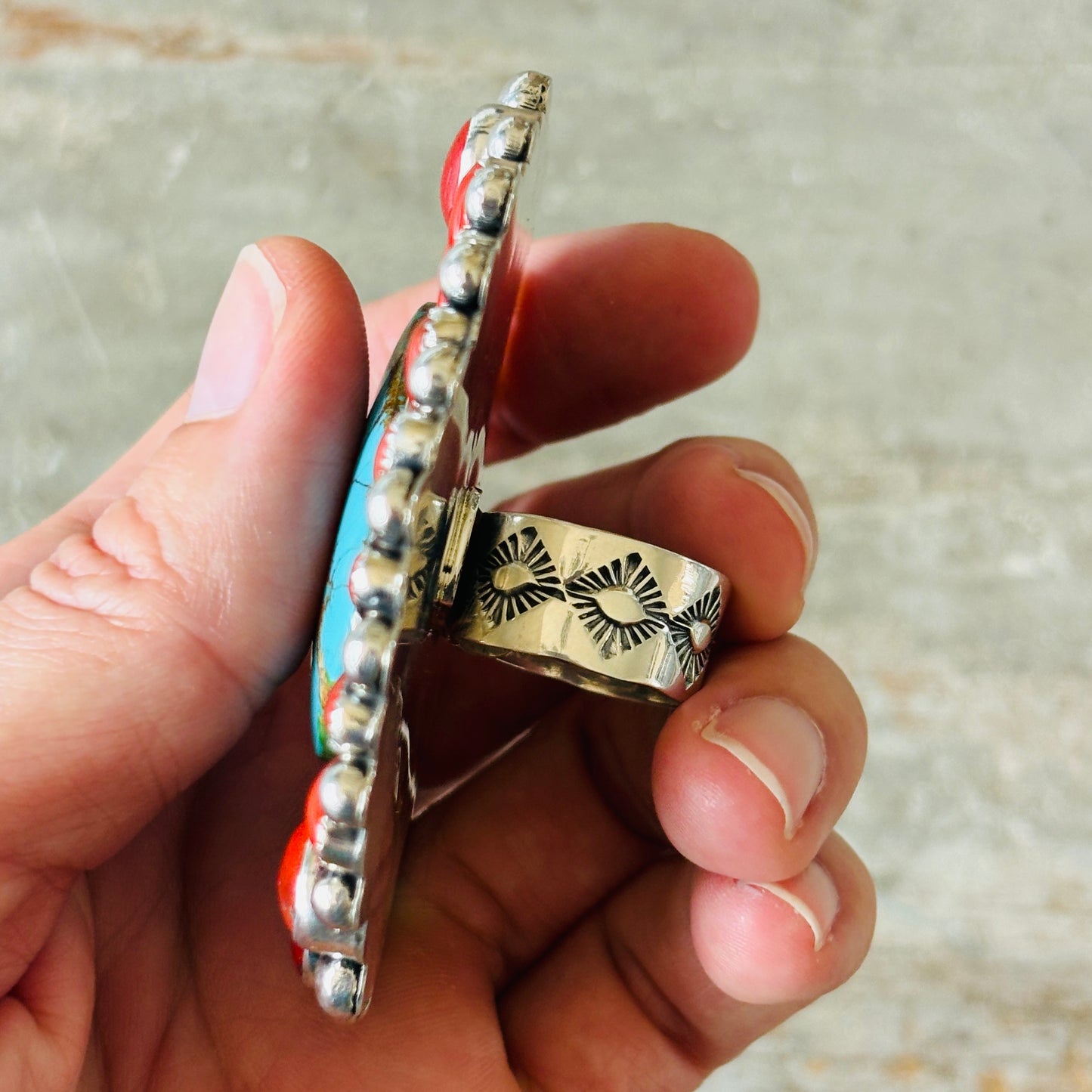 Navajo Hemerson Brown Sterling Silver - Sonoran Turquoise & Mediterranean Red Coral Cluster Statement Ring