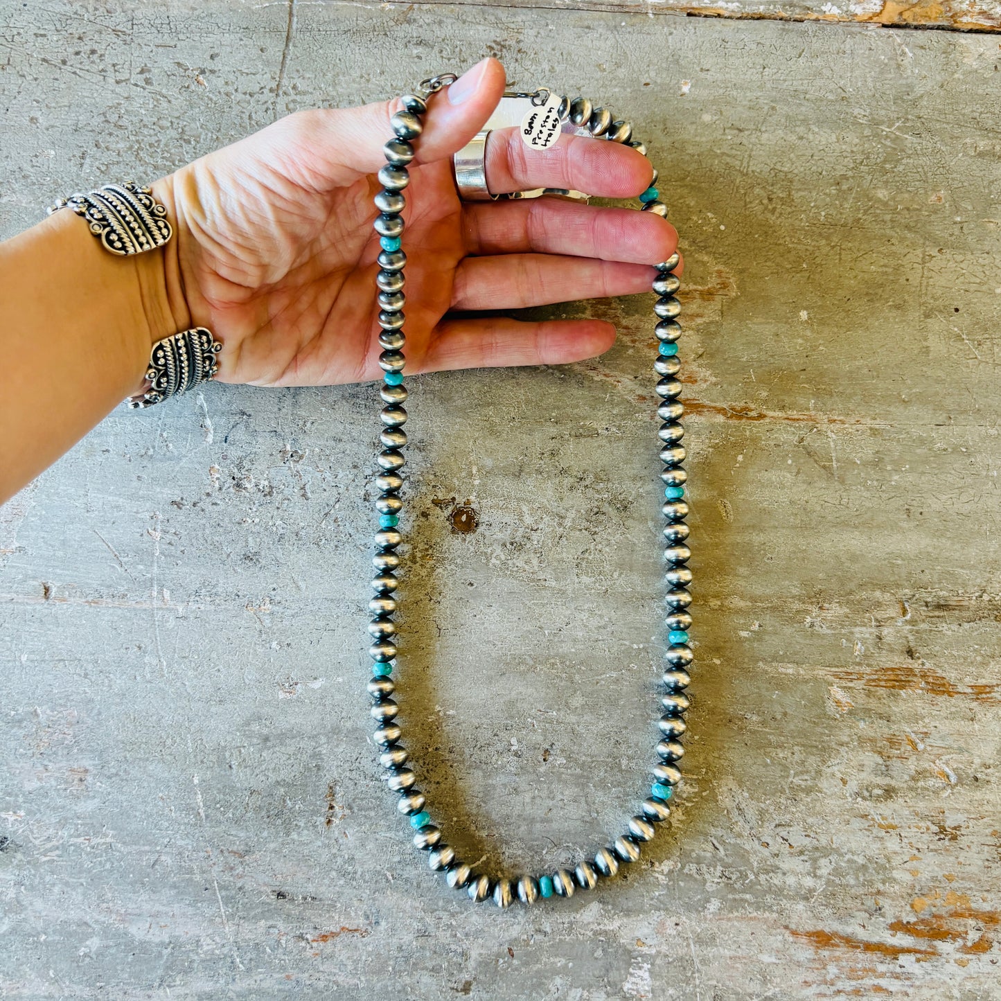 Navajo Preston Haley Sterling Silver & Kingman Turquoise 8mm Handmade Pearls Necklace