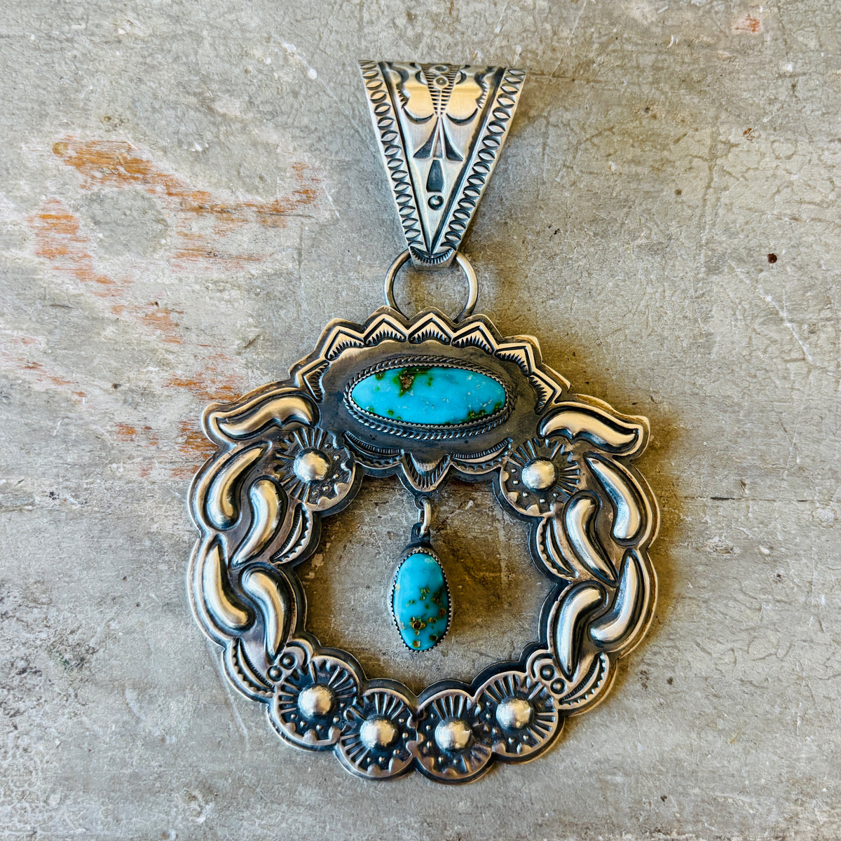 Navajo Roland Dixon Sterling Silver & Sonoran Turquoise Statement Pendant