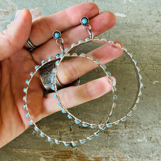 Zuni Iva Booqua Sterling Silver & Turquoise Petit Point Hoop Earrings