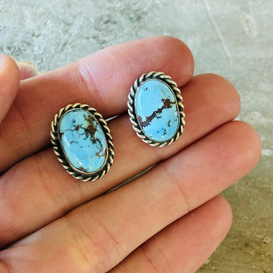 Navajo Reva Goodluck Sterling Silver & Golden Hills Turquoise Stud Earrings