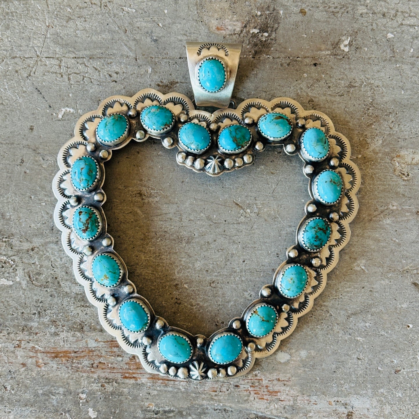 Navajo Randy Boyd Sterling Silver & Kingman Turquoise Cluster Heart Pendant
