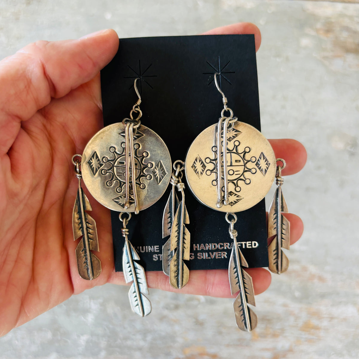 Vintage Navajo Fred Guerro Jr. Sterling Silver Feather Drum Earrings
