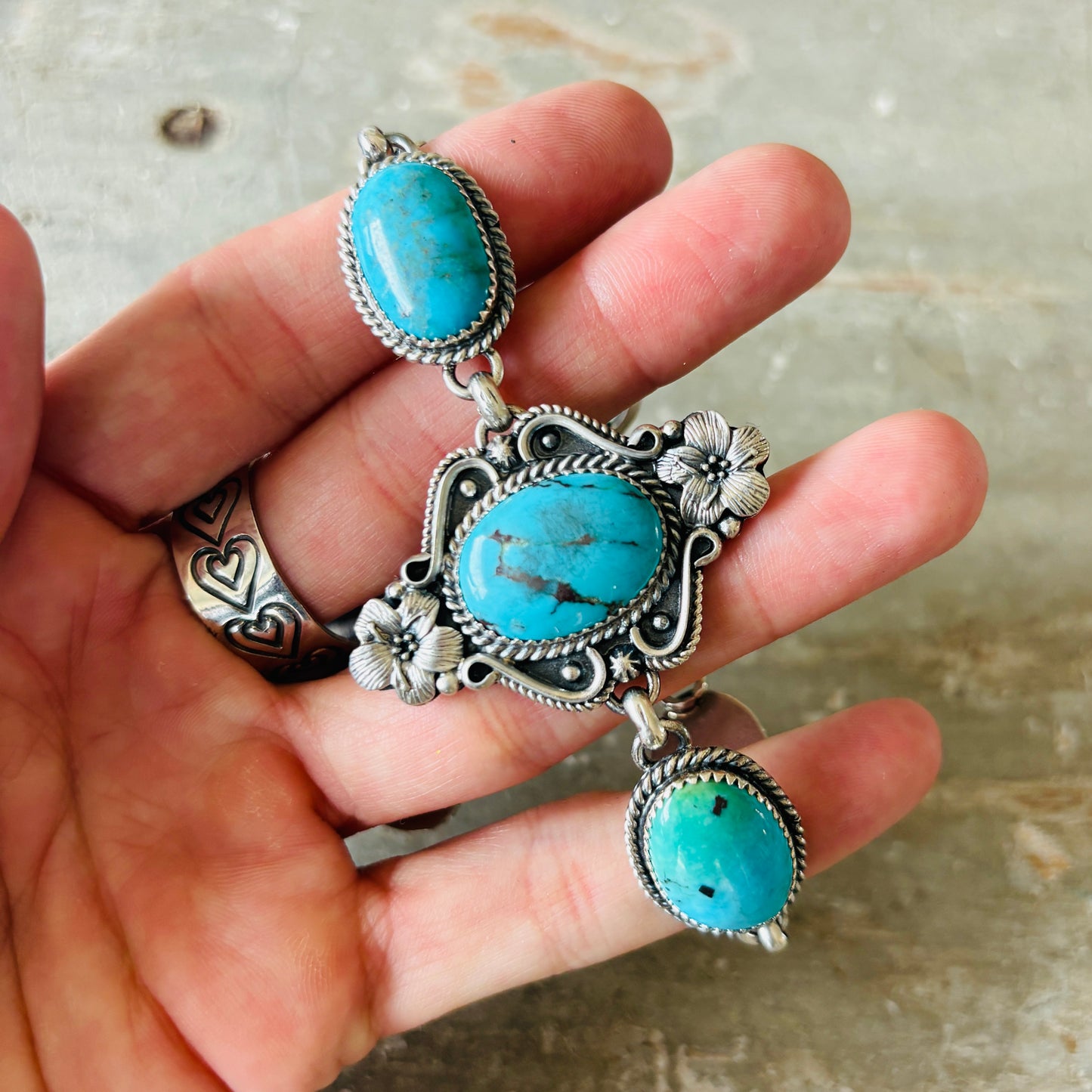 Navajo Brenda Jimenez Sterling Silver & Kingman Turquoise Floral Panel Bracelet