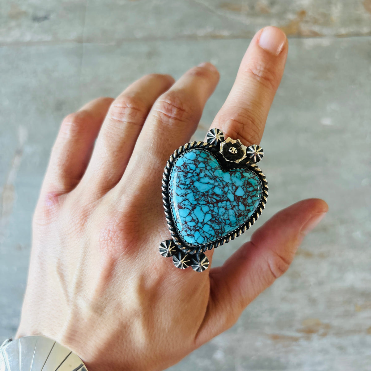 Navajo Leonard Platero Sterling Silver & Block Turquoise Heart Ring