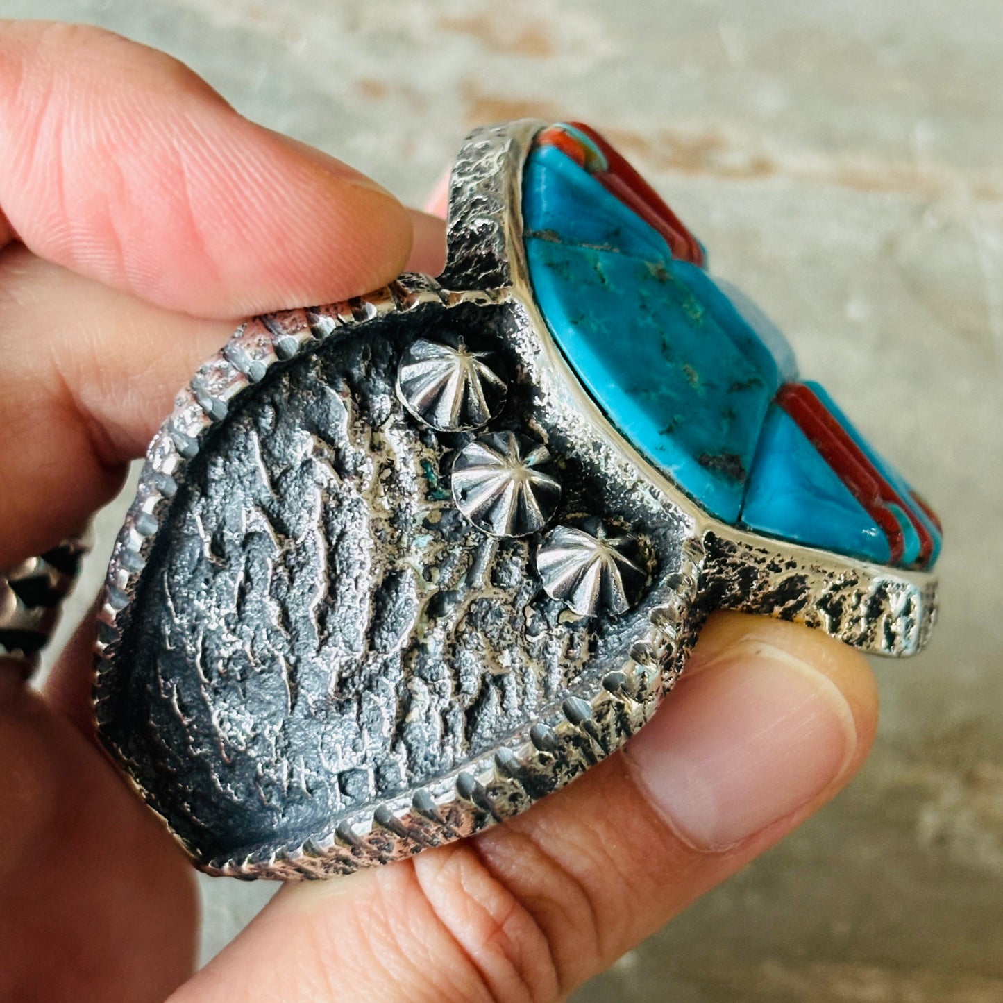 Navajo Lester James Sterling Silver - Red Coral & Kingman Turquoise Cobblestone Cuff